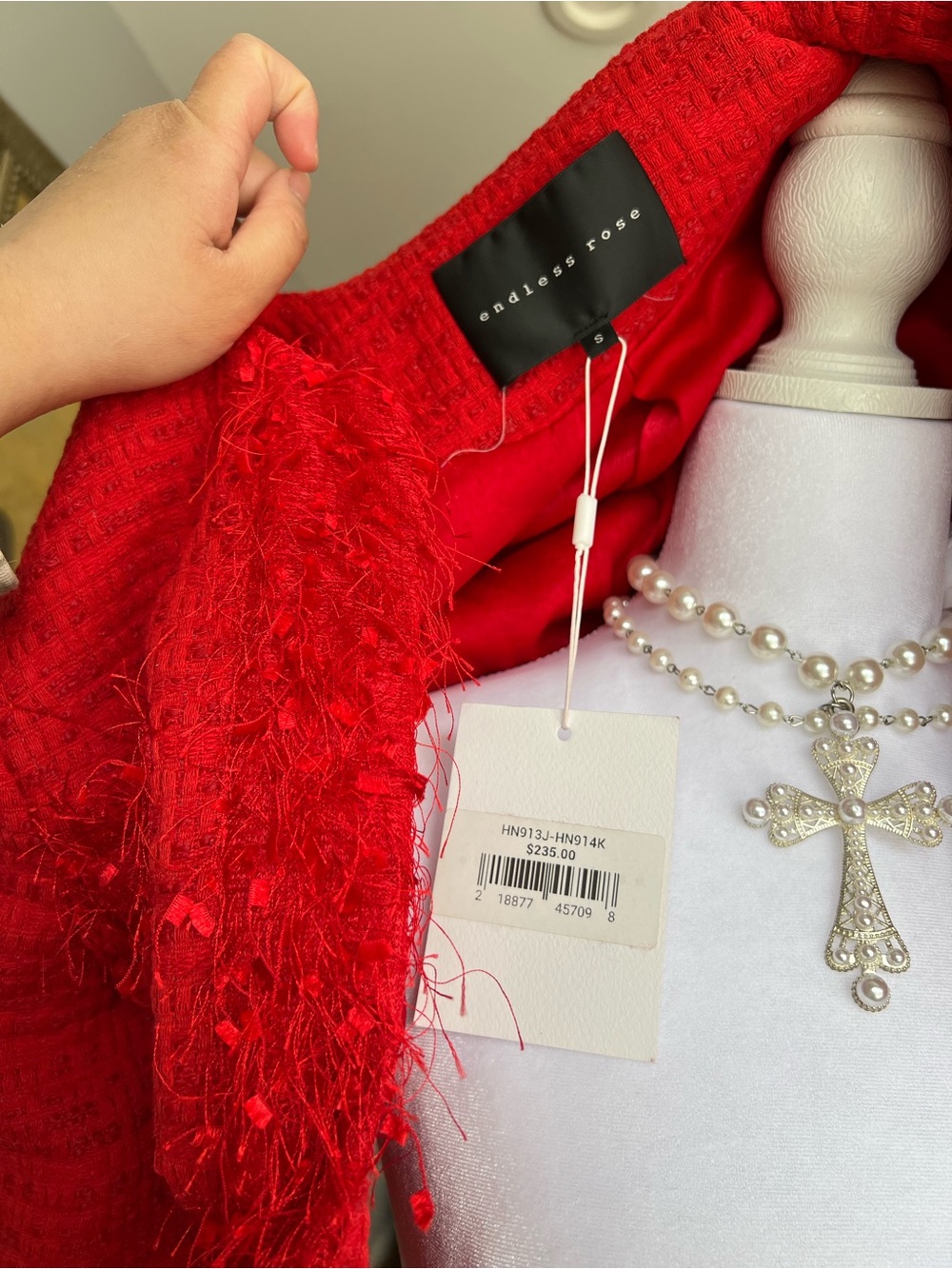 Endless Rose Red Feather Trim Tweed Crop Blazer & Mini Skirt Set Size Small $235 - Picture 10 of 16